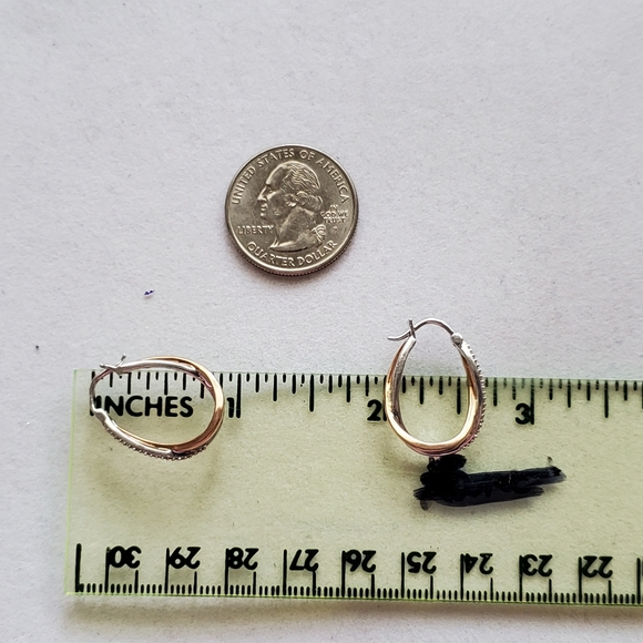 10K Rose Gold and Sterling Silver Pave Diamond Crossover Hoops - Picture 15 of 16